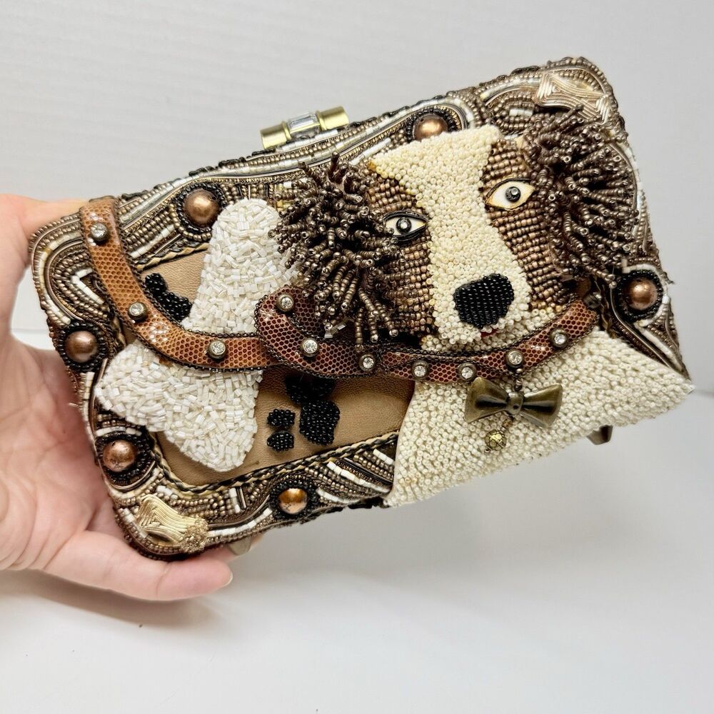 Mary Frances Fetch Dog Beaded Leather Shoulder Bag Clutch Purse Rare